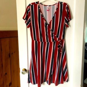 Striped faux wrap dress in rust brown